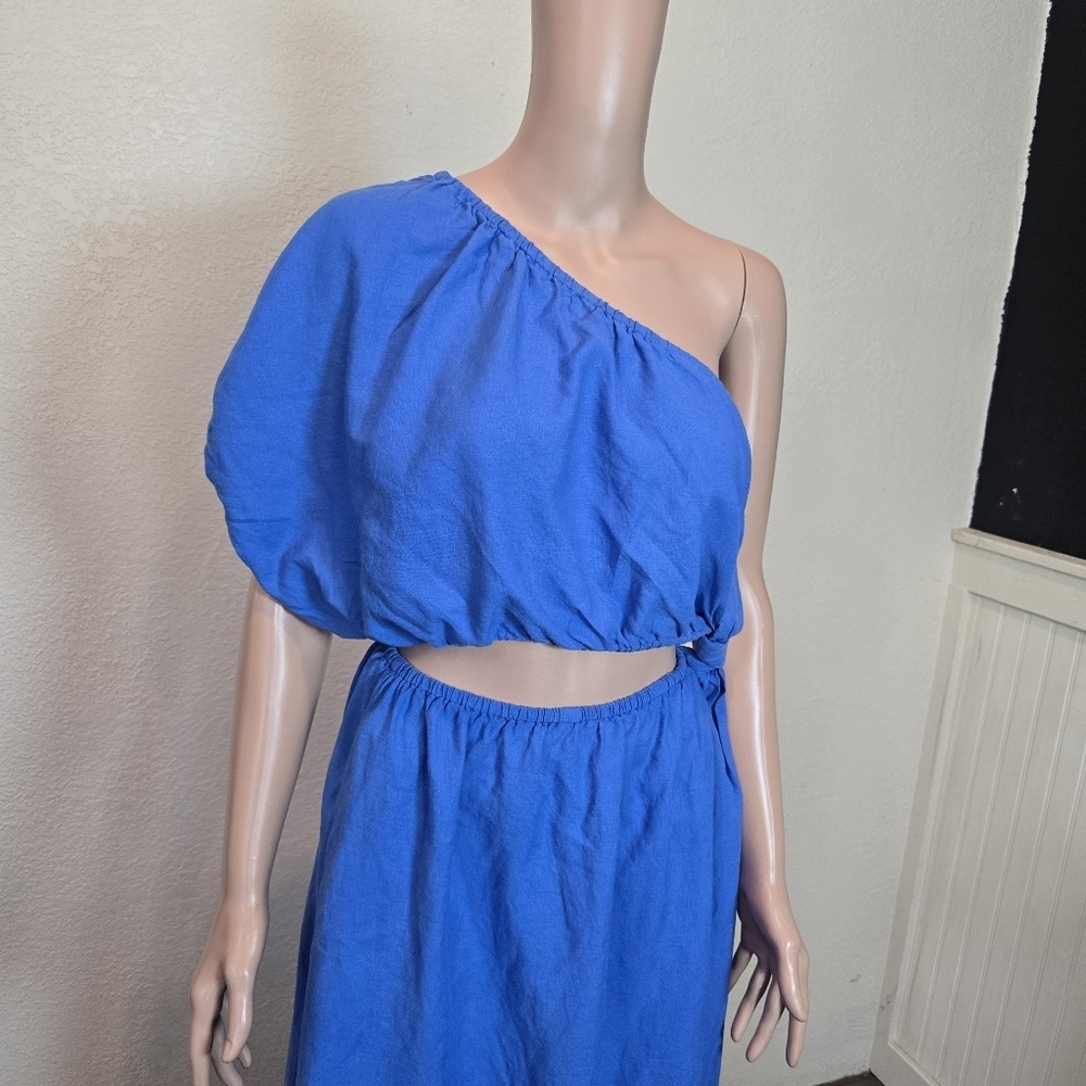 Farm Rio Copacabana Women's Blue Tie Knot One Shoulder Cutout Midi Dress Size M - Picture 5 of 16